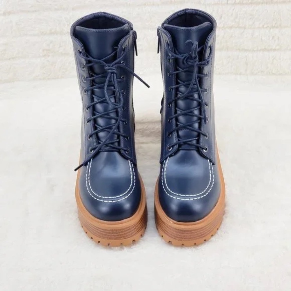*Unilady Navy Blue Wood Look 3" Chunky Platform Combat Boots - Picture 3 of 7